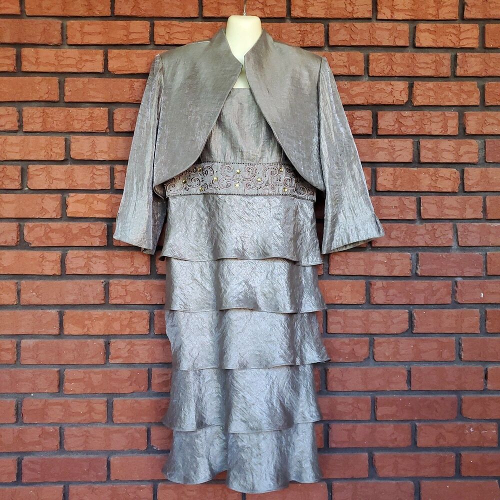 R&M Richards 2-Piece Jacket Dress Sz 12 Tiered Embellished Gray Shimmer